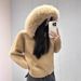 Women's Knit Cardigan With Hood & Faux Fur Trim, Oversized Long Sleeve Zip-Up Sweater, Cozy Winter Loungewear_ecoleips.com