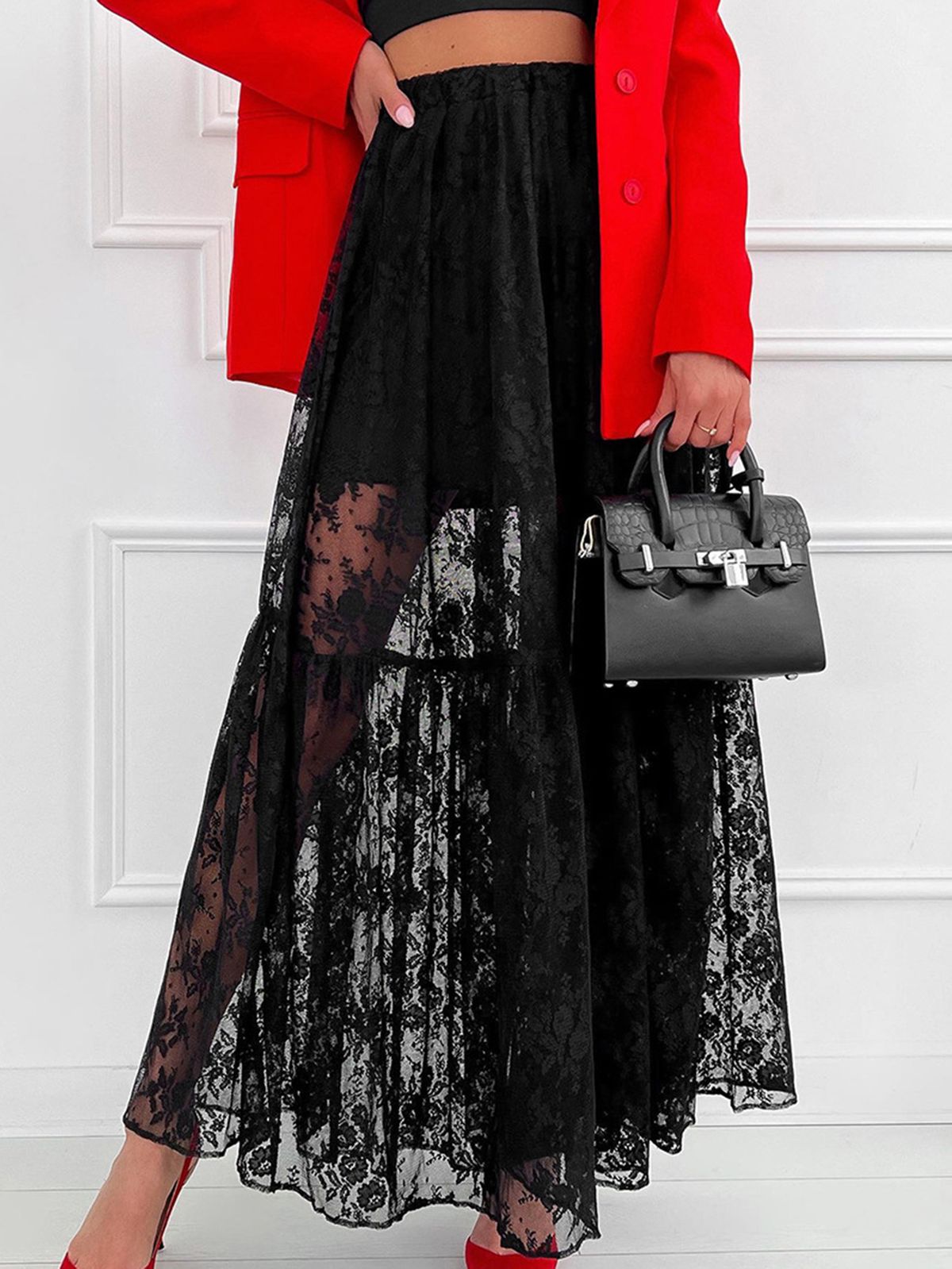 Verve Sexy Sheer Polyester Lace A-line Commuter Style 2025 Fashion New Long Skirt For Women_ecoleips.com