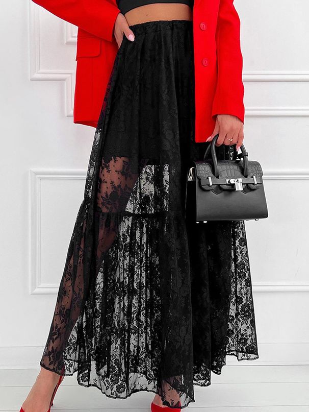 Verve Sexy Sheer Polyester Lace A-line Commuter Style 2025 Fashion New Long Skirt For Women_ecoleips.com