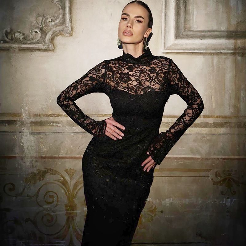 Cross-Border Women's 2025 Summer New Fashion Sexy Lace Patchwork Slim Long Sleeve Dress Wholesale_ecoleips.com