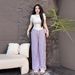 Women's Clothing Asian Style Summer T-Shirt And Wide Leg Pants Set Solid Color Tight Short Sleeve Two-Piece Outfit_ecoleips.com