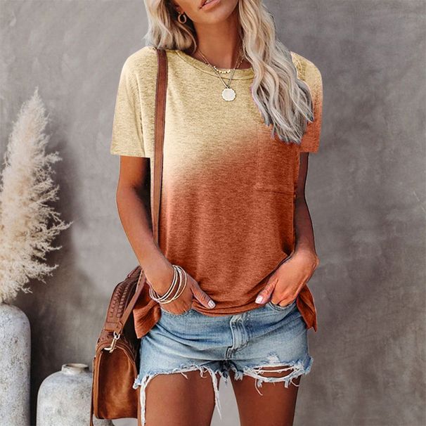 Summer Women's Round Neck Short Sleeve Top Tie Dye Print With Pockets_ecoleips.com