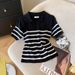 Korean Style Striped V Neck Short Sleeved T Shirt Ice Silk Knit Top for Women New 2026 Summer Real Photos_ecoleips.com