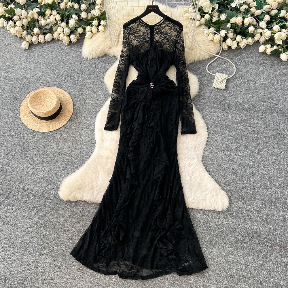 Elegant Lace Openwork Long Sleeved Dress French Style Slim Fit Women's Spring Style Dress Waist Cinching Long Dress_ecoleips.com