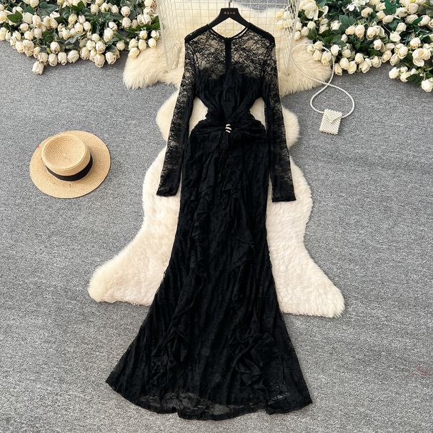 Elegant Lace Openwork Long Sleeved Dress French Style Slim Fit Women's Spring Style Dress Waist Cinching Long Dress_ecoleips.com
