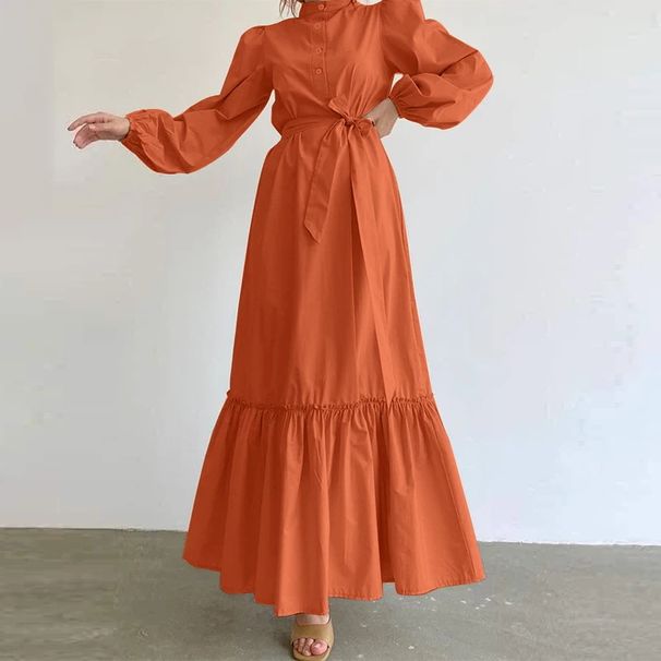 European And American New Elegant Waisted Robe Solid Color Long Skirt Female Stand Up Collar Button Fashion Splicing Dress_ecoleips.com