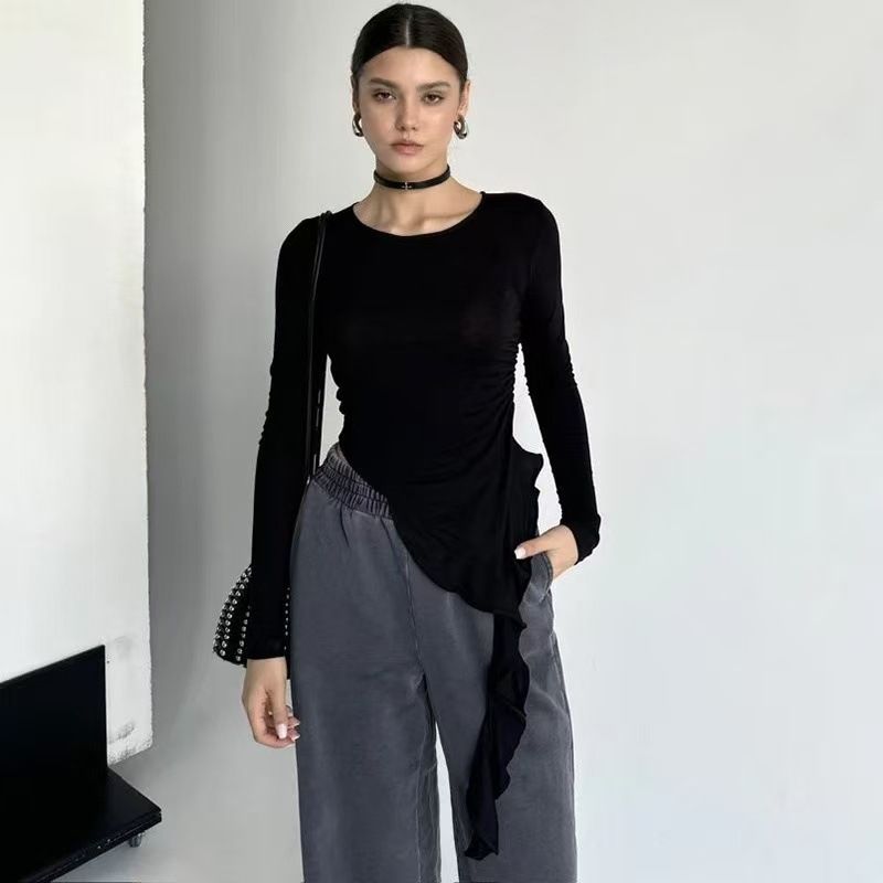Aria Basics Aria Basics TMBP-1052 European American Women's Clothing, Spring Autumn Solid Color Round-neck Ruffled Long-sleeve T-shirt Top, Slim_ecoleips.com