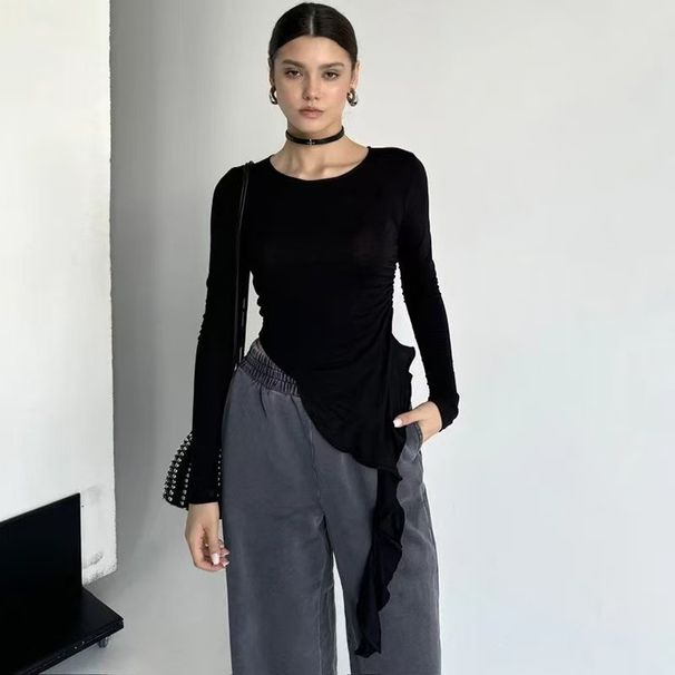 Aria Basics Aria Basics TMBP-1052 European American Women's Clothing, Spring Autumn Solid Color Round-neck Ruffled Long-sleeve T-shirt Top, Slim_ecoleips.com