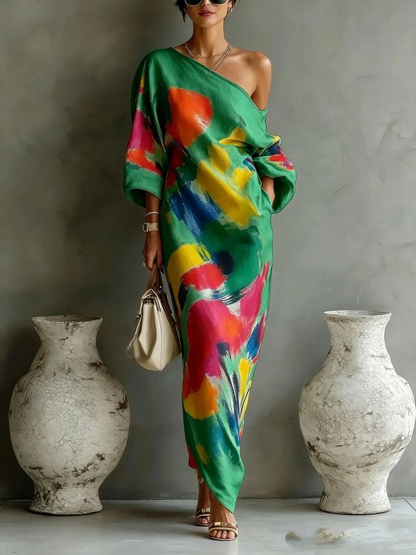 Women's Floral Print Maxi Dress With Ruffle Sleeves, Elegant Style Chiffon Midi Dress For Summer, Plus Size Boho Chic Dress_ecoleips.com