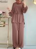 ZANZEA Muslim Women Matching Sets Long Sleeve Solid Color Tops And Loose Pant Suits Elegant Fashion Casual Tracksuit Kaftan 2025_ecoleips.com