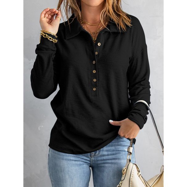 Solid-Color Knitted Top For Women With Single-Buttoned Collar, Long Sleeves, Loose Fit, Casual Base Layer For Autumn/Win_ecoleips.com