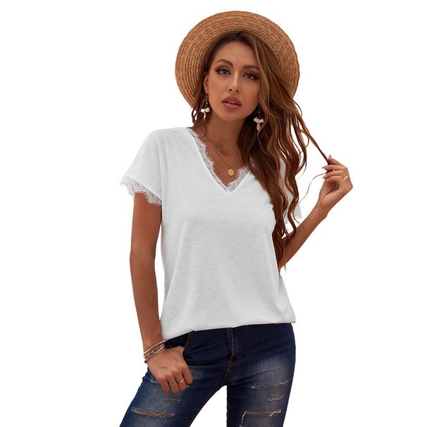 Summer Solid Color T-Shirt Women's V-Neck Lace Patchwork Casual Short-Sleeved Base Layer Top_ecoleips.com