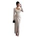 European And American Cross-Border 2025 Autumn Winter New Irregular Neck Solid Color Knitted Texture Long Dress_ecoleips.com