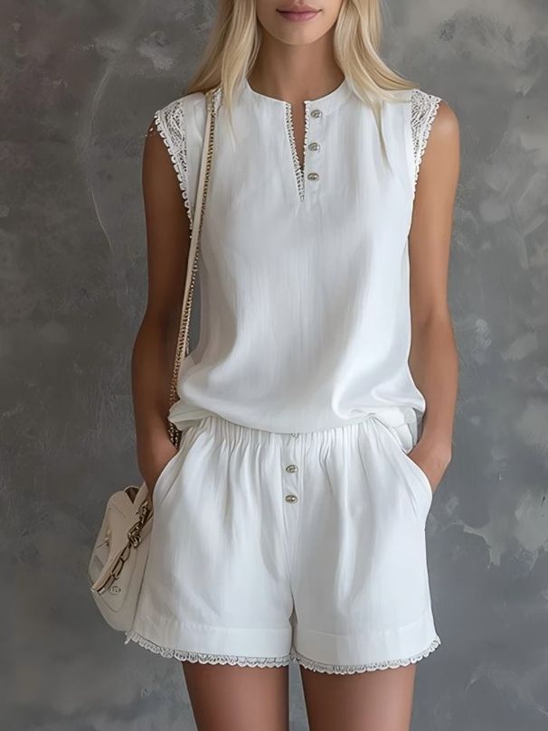 Women's Solid Color V Neck Button Up Short Sleeved Shorts Set Casual Two Piece Spring/Summer Fashion_ecoleips.com