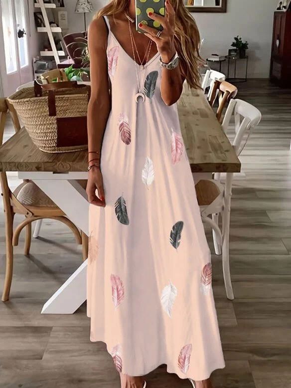 Women's Clothing Slim Fit Feather Print Maxi Dress Sleeveless Low Cut V Neck Spaghetti Strap Women's New Arrival_ecoleips.com