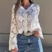Elegant Lace Crochet V-Neck Knit Top For Women - Breathable Cotton Blend Openwork Blouse With Single Button Closure_ecoleips.com