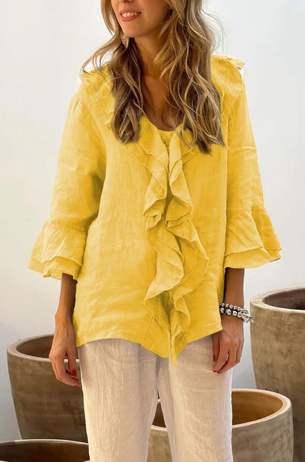 Women's Clothing Solid Color V Neck Flying Sleeves Ruffled Row Multi Button Cardigan Curved Hem Top_ecoleips.com