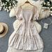 Red Floral Print Pleated Dress Korean Style Summer Puff Sleeves Square Neck High Waist A-Line Skirt for Women Romantic Fashionable_ecoleips.com