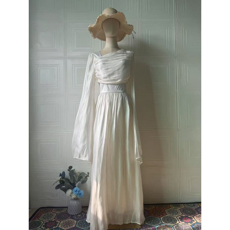 Summer New Women's Retro Elegant Luxurious Maxi Dress Long Sleeved Waist Slimming_ecoleips.com