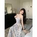Women's French Style Floral Strap Long Dress, High-End Feel, Slimming Belly Covering Dress For Plus Size Women_ecoleips.com