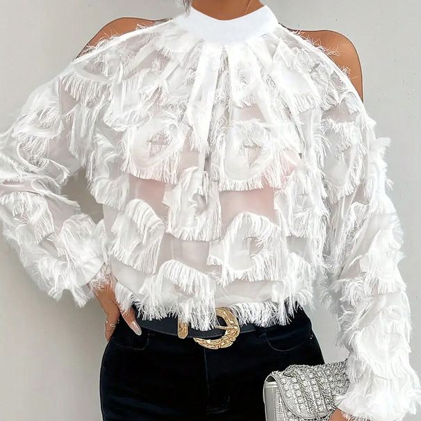 Women's Clothing Spring And Autumn Women's Clothing Off Shoulder Long Sleeved Semi Transparent Fashionable And Elegant Tops_ecoleips.com
