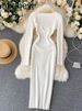 Dresses For Women 2026 Sexy Strapless Ribbed Knitted Bodycon Dress Women Winter Long Sleeve Midi Sweater Dress Clothes_ecoleips.com