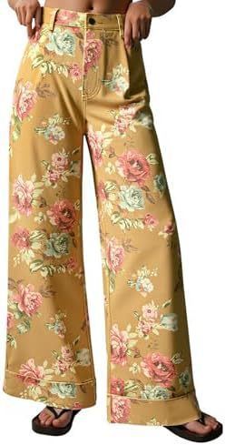 Women's High-Waisted Wide Leg Jeans Retro Rose Print Loose Fitting Casual Trousers Rolled up Cross Border Bestseller_ecoleips.com