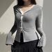 AC541 New Fresh And Sweet Bow Decoration Basic Slim Fit V-Neck Long Sleeve Lace Two-Piece Top_ecoleips.com