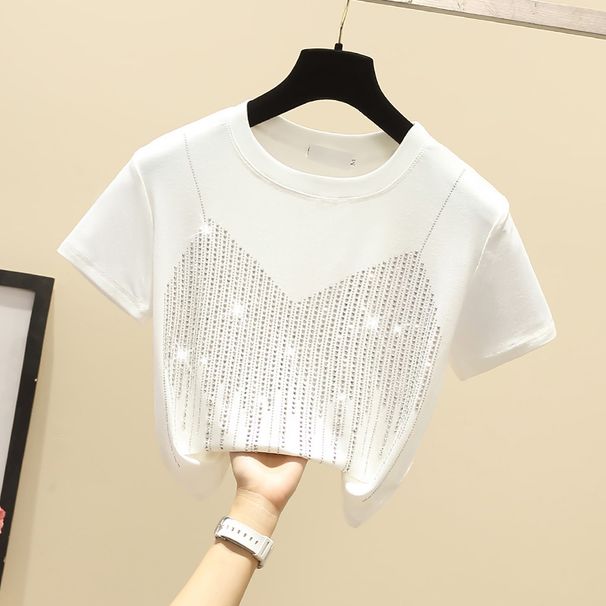 Women's Clothing Heavy Duty Hot Diamond T Shirt Women's Slim Fit Two Piece Suspenders Full Of Diamonds Shiny Short Sleeved Tops_ecoleips.com