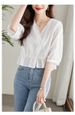 K Embroidered Blank Shirt, Women's Five Quarter Sleeved Short Top, V-neck Shirt_ecoleips.com