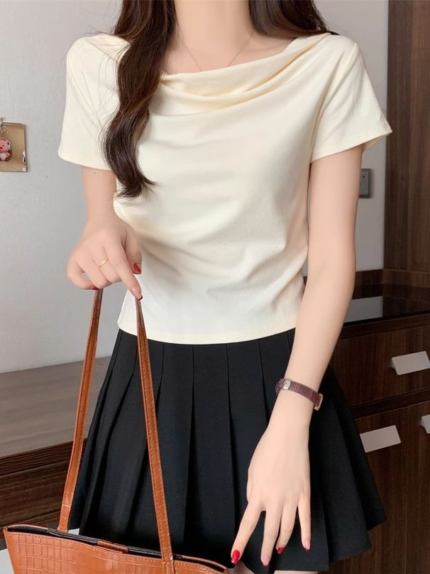 French-Style Design With A Plunging Neckline, One-Shoulder Cut, And Modal Fabric Short-Sleeved T-Shirt Perfect For Wom_ecoleips.com