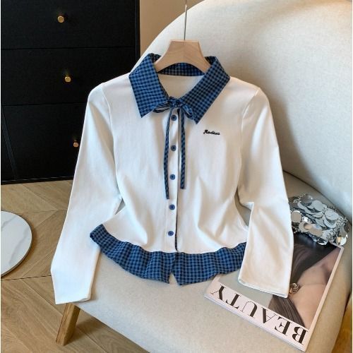 Women's Soft Style Polo Collar Long Sleeve T-Shirt Plaid Patchwork Layered Design Spring Autumn Essential XS XL Polyester Blend_ecoleips.com