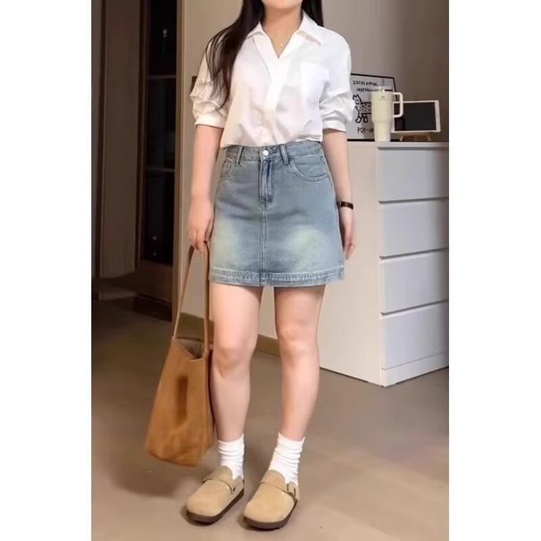 Blue Denim Mini Skirt High Waisted a Line Silhouette Slimming Pear Shaped plus Size Women's Flattering Tummy Control New Summer Style_ecoleips.com