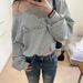 Women's Clothing Short Oblique Shoulder Sweatshirt For Women With Hot Diamonds Loose One Shoulder Lazy Gray Cocoon Sweatshirt_ecoleips.com
