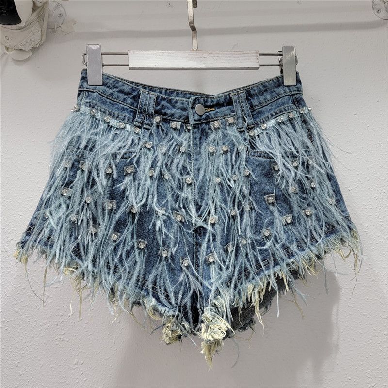 Women's Clothing New Heavy Diamond Ostrich Feather Design Slim Tassel Fashionable Versatile Denim Shorts_ecoleips.com