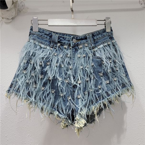 Women's Clothing New Heavy Diamond Ostrich Feather Design Slim Tassel Fashionable Versatile Denim Shorts_ecoleips.com