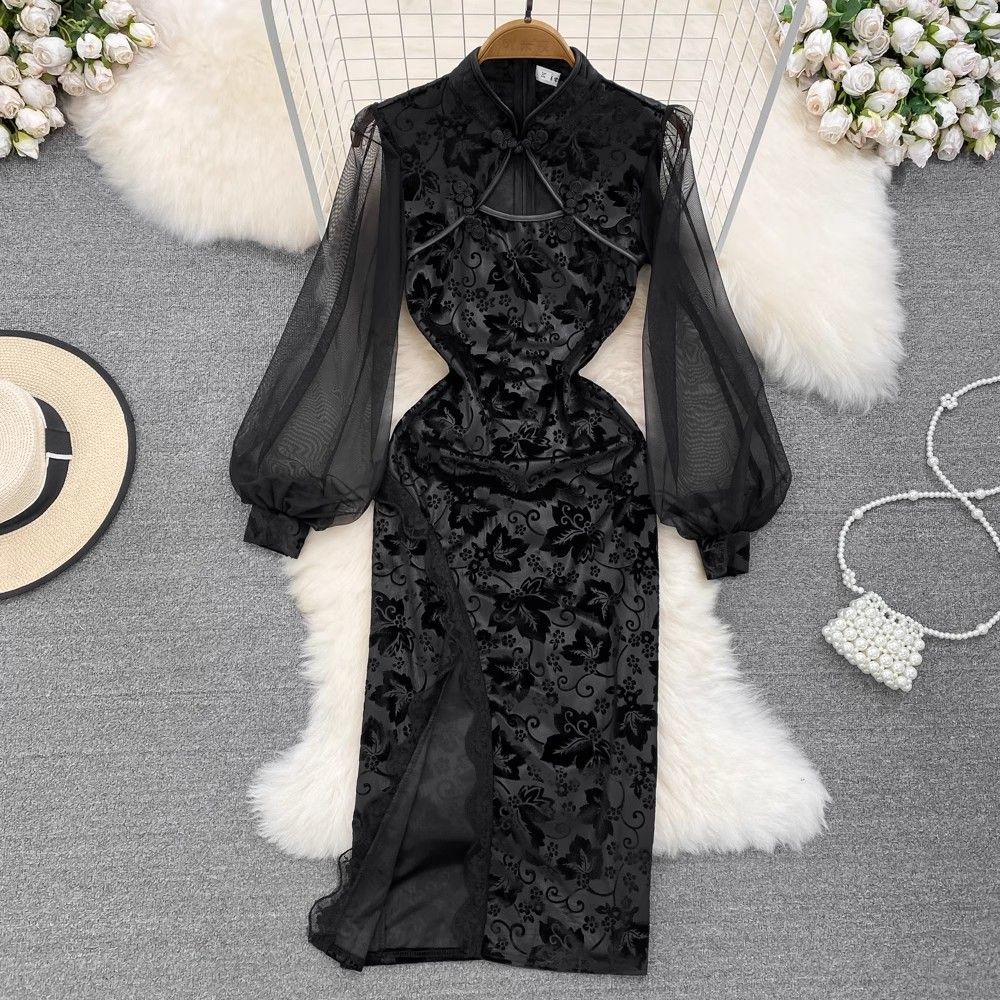 Cross-border High-end Dark-toned Vintage-style Modified Cheongsam For Young Women, With A Stand-up Collar,_ecoleips.com