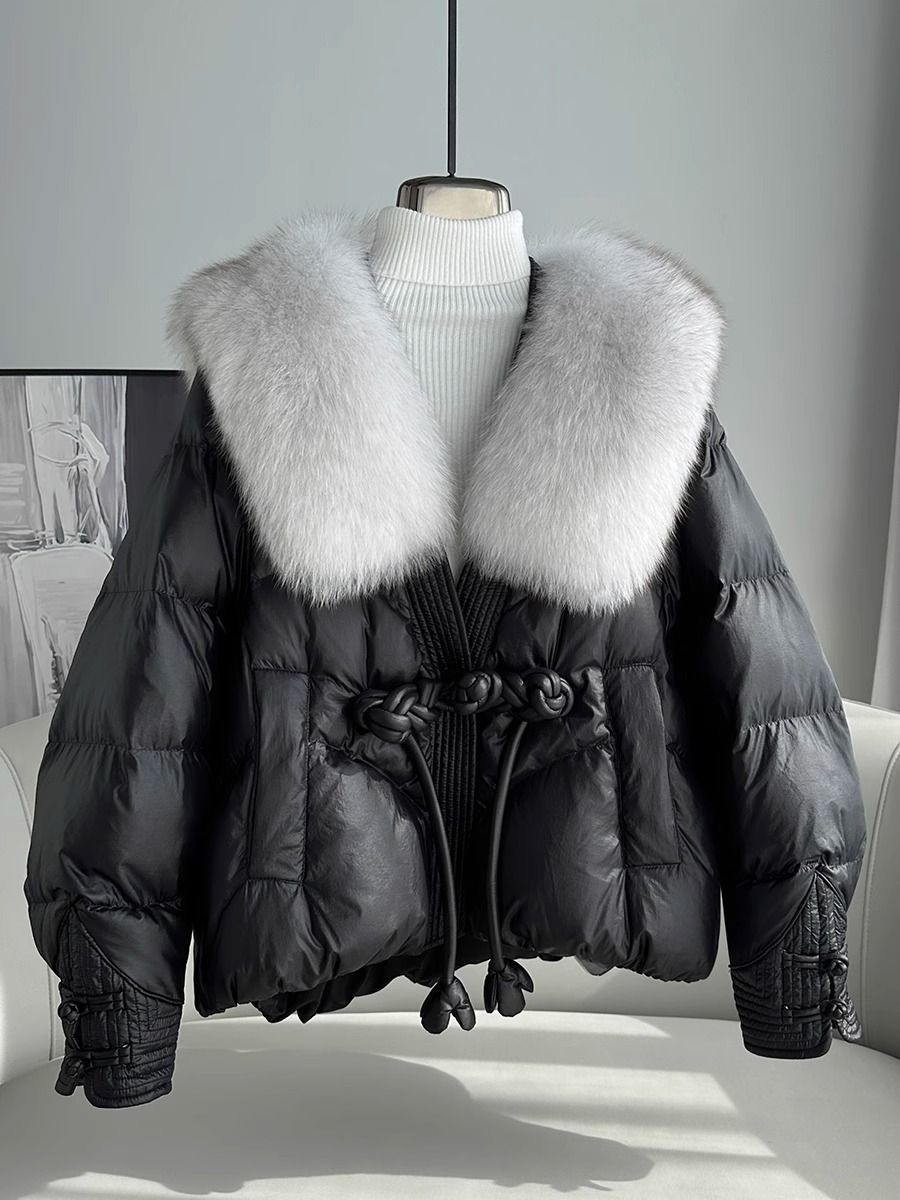Luxury Fox Fur Trim Hooded Down Jacket For Women - Loose Fit Vintage Chinese Style Winter Coat With Nylon Shell & Duck Feather Filling_ecoleips.com