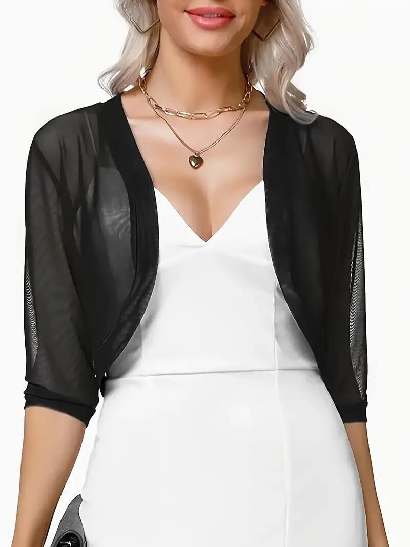 2026 New European And American Summer Cardigan Short Sleeve Top For Women, Three-Quarter Sleeve, Soft Solid Color Mesh_ecoleips.com