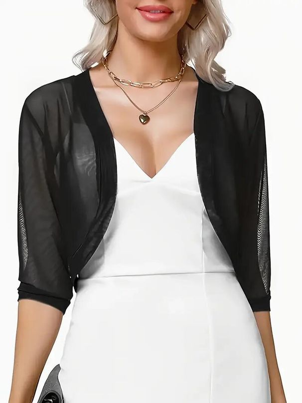 2026 New European And American Summer Cardigan Short Sleeve Top For Women, Three-Quarter Sleeve, Soft Solid Color Mesh_ecoleips.com