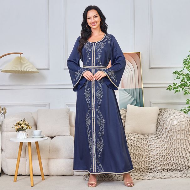 Women's Clothing Modest Evening Dress Elegant Plus-Size Abaya Dress – Embellished Maxi Gown With Flared Hem (Beige/Green/Blue, S-XXL)_ecoleips.com