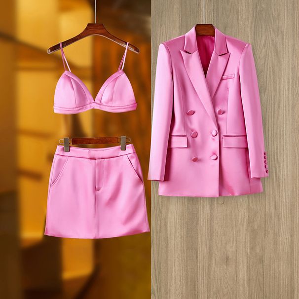 Women's Clothing Spring And Autumn Party Pink Satin Suit Jacket Hip Skirt Wear Fashionable Three Piece Suit_ecoleips.com