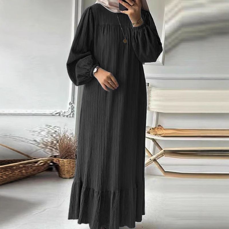 2025 Muslim Women's Long Robe Spring And Autumn New Fashion Puff Sleeve Vintage Pocket Hem Ruffle Dress_ecoleips.com