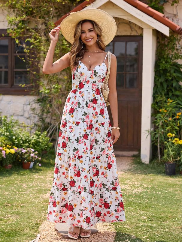 Women's Summer Beach Satin Cami Maxi Dress – V Neck Bowknot Floral Print Slip Dress, Going Out Clubwear 2026_ecoleips.com