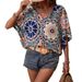 European American Retro Floral Print V Neck Shirt Loose Fit Drop Shoulder Three Quarter Sleeve Top for Summer 2025_ecoleips.com