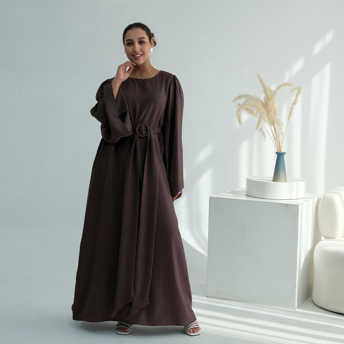 Modest Abaya Dress AIYIRUI High-Waisted Belted Dress – Minimalist V-Neck, Wooden Buttons & Flowy Silhouette (5 Neutral Colors, S-XL)_ecoleips.com