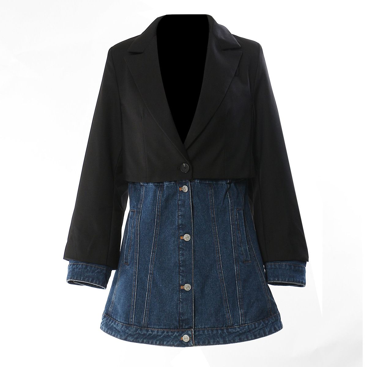 New Women's Slim Fit Denim Patchwork Suit Jacket Faux Two Piece Mid Length Top Casual Style In Blue_ecoleips.com