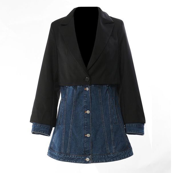 New Women's Slim Fit Denim Patchwork Suit Jacket Faux Two Piece Mid Length Top Casual Style In Blue_ecoleips.com