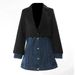 New Women's Slim Fit Denim Patchwork Suit Jacket Faux Two Piece Mid Length Top Casual Style In Blue_ecoleips.com