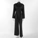 Women's Black V-Neck Pleated Blazer & Pants Set – Tailored Waist-Cinching Suit For Fall_ecoleips.com